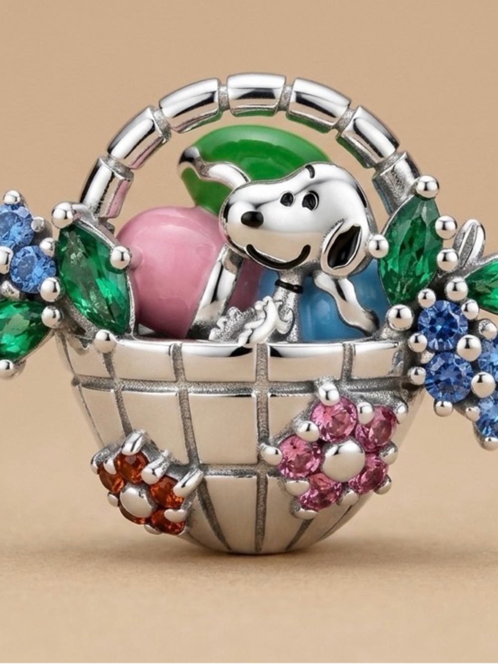 Sterling silver Snoopy Silver Basket Charm with Pink & Blue Accents